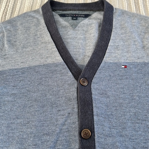 TOMMY HILFIGER Mens Cardigan Sweater L Blue Navy Gray Colorblock Cotton V Neck - Picture 6 of 9